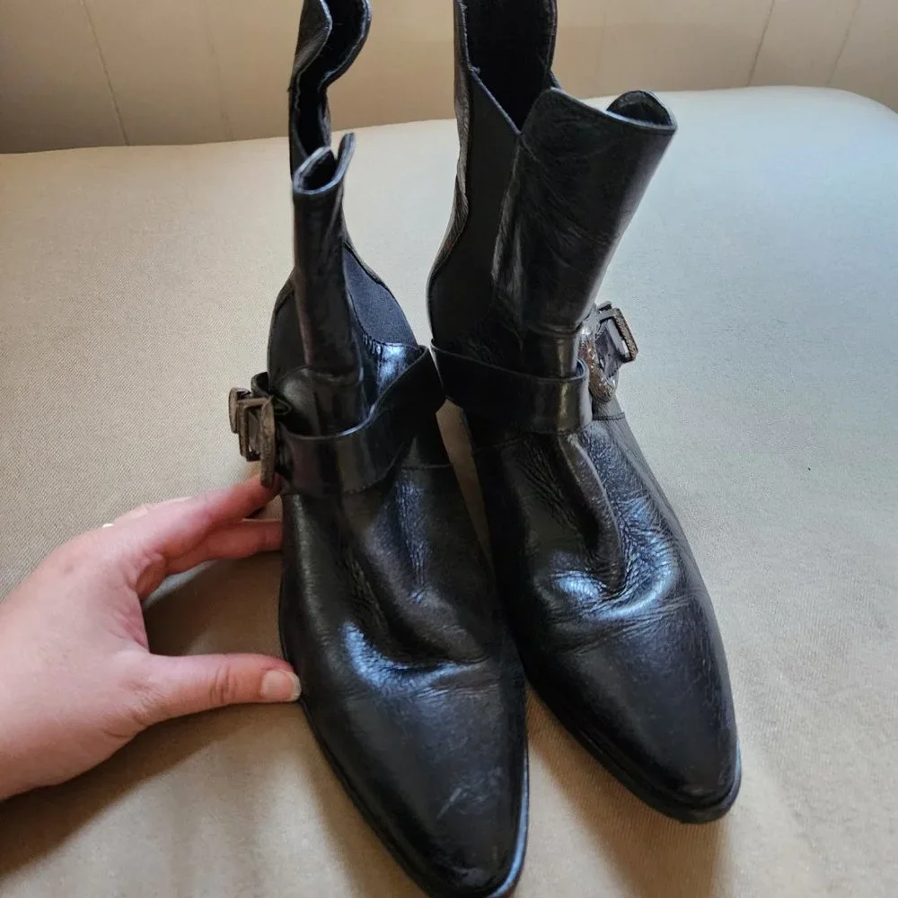 ZARA Black Leather Ankle Western Buckle Stacked Heel Boots - Picture 3 of 6